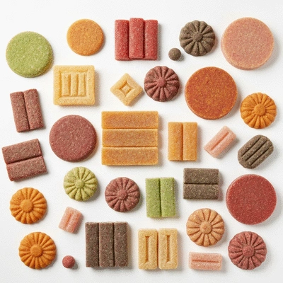 Assortment of vibrant freeze-dried candy packages on a clean white background