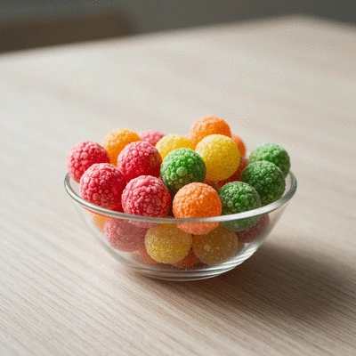Assortment of vibrant freeze-dried candies with a crunchy texture, displayed in a clear bowl