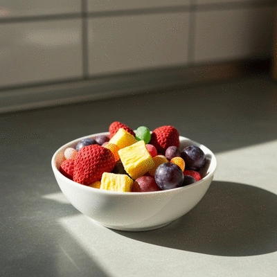 Colorful mix of freeze-dried fruits and candies in a bowl