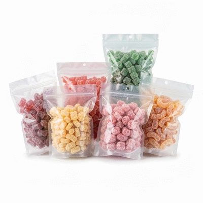 Assortment of vibrant freeze-dried candies in clear bags