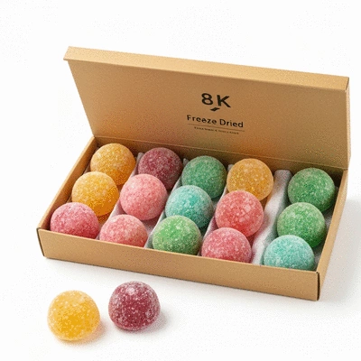 Assortment of vibrant freeze-dried candies in a personalized gift box