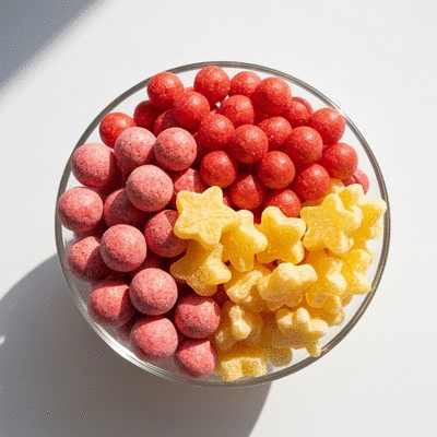 Assortment of colorful freeze-dried candies in a glass bowl, bright studio lighting