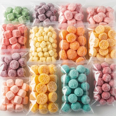 Assortment of colorful freeze-dried candies in clear bags