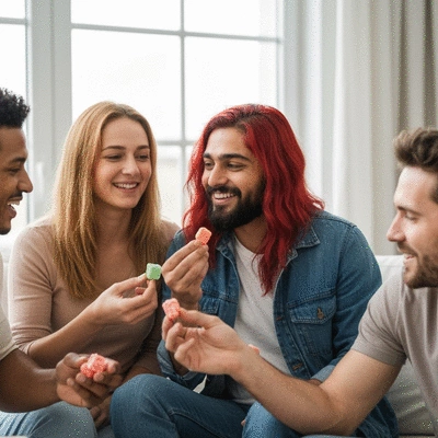 Diverse group of people enjoying and sharing freeze-dried candies in a social setting
