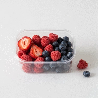 Assortment of colorful freeze-dried treats in an airtight container with a desiccant packet
