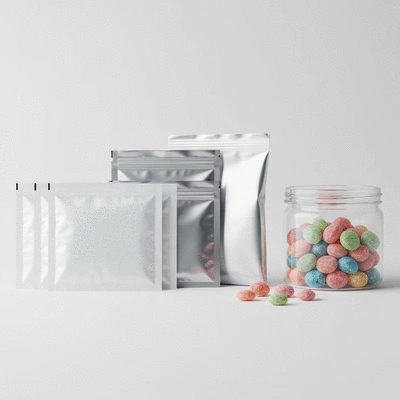 Close-up of silica gel packets and Mylar bags next to a jar of freeze-dried candy