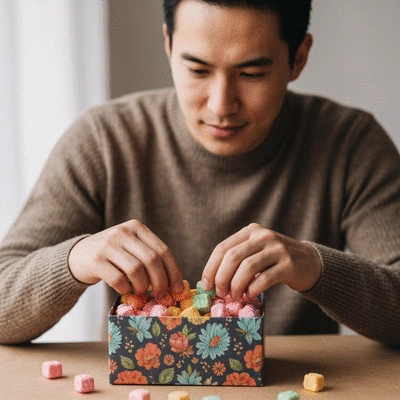 Person carefully arranging freeze-dried candies in a decorative gift box