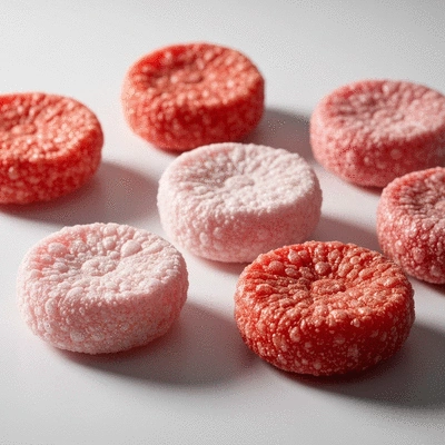 Freeze-dried candy in various stages of drying, showing crispy texture and vibrant colors