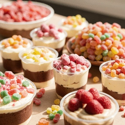 A vibrant dessert table featuring various freeze-dried candies as toppings and decorations, no text, no words, no typography, clean image