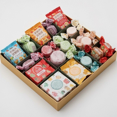 Elegantly arranged freeze-dried candy gift box with various flavors and vibrant packaging