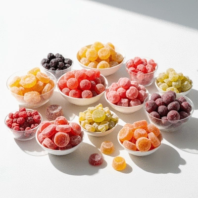 Assortment of colorful freeze-dried candies in clear bags, bright background